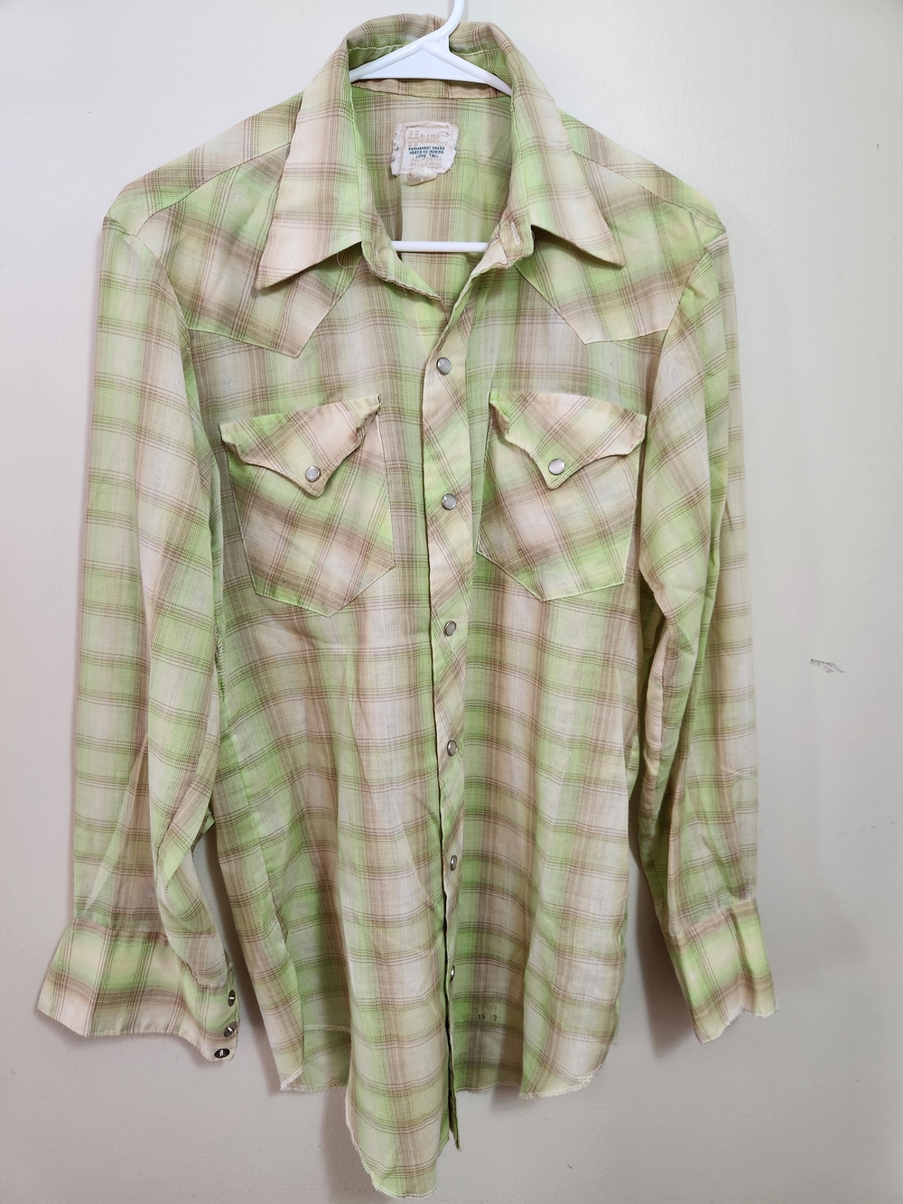 Men's Vintage Plaid Western Shirt in Light Green and Beige M Medium 15/34